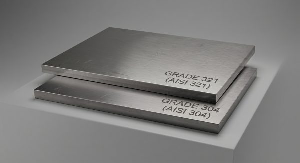 دو ورق استیل روی هم با حک شدن گرید 321 و گرید 304، برای مقایسه استیل نسوز 321 و 304